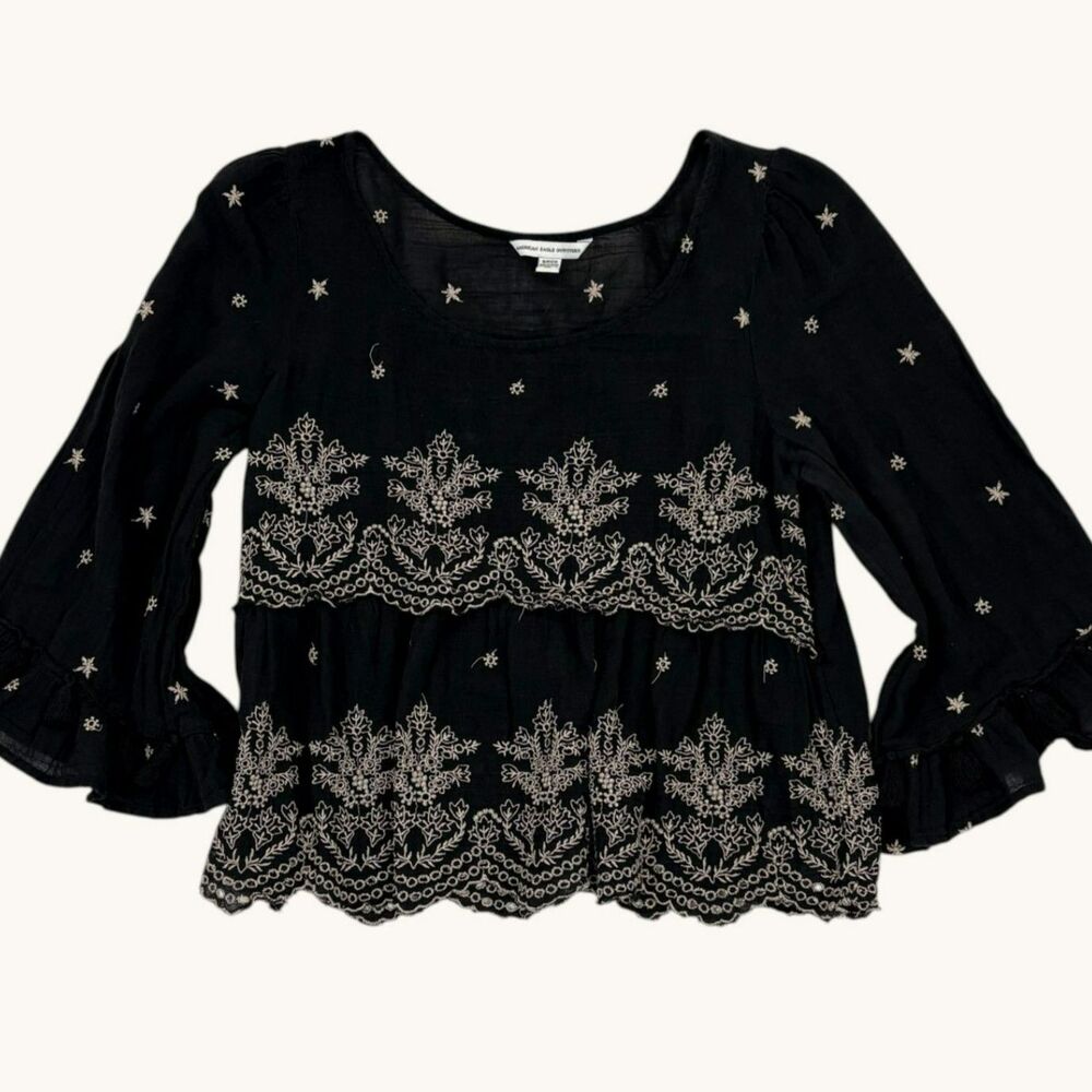 AEO Black with Cream Embroidered Floral Pattern Crop Bell Sleeve Top Sm